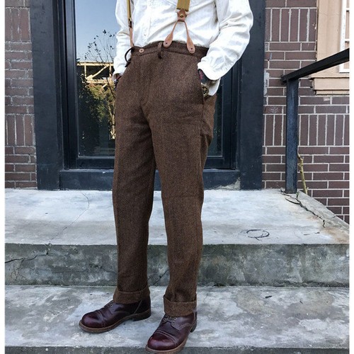 Vintage Tweed Pants For Men Suit Casual Trousers With Suspenders Button  Business | eBay