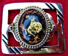 VINTAGE WESTERN COWBOY BELT BUCKLE SILVERTONE GOLD FIGURE GOLD FLAKES/LUCITE