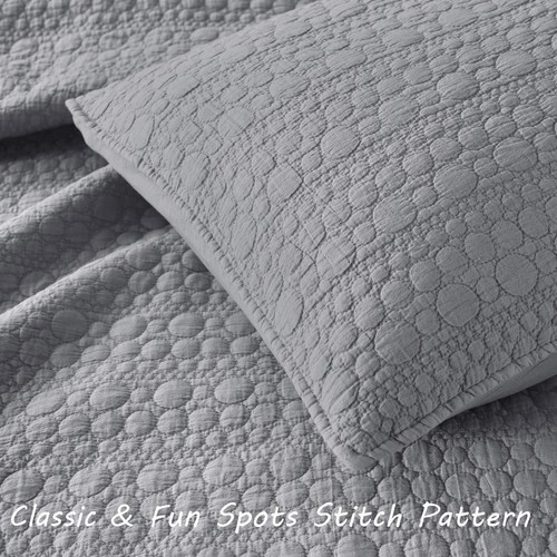 Quilt Set King Size Grey, Classic Geometric Spots Stitched Pattern, Stone-Was... - Picture 4 of 9
