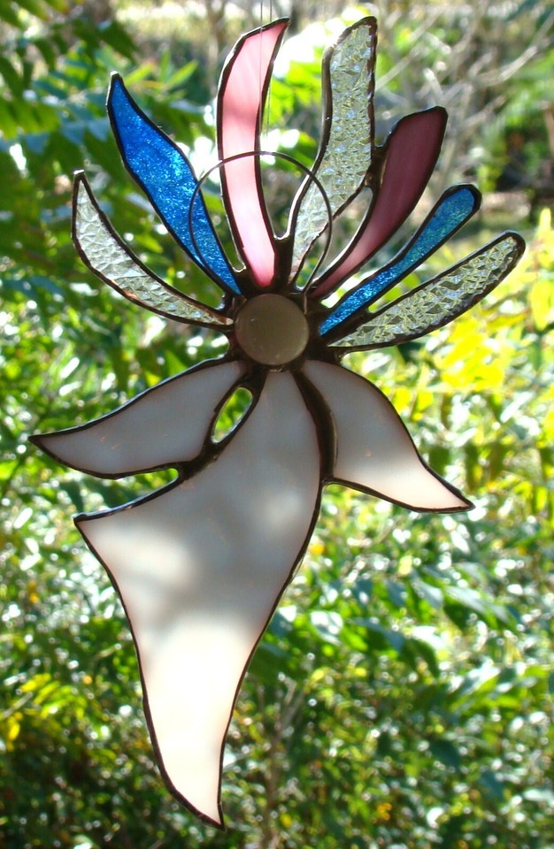 DRAGONFLY IN FLIGHT Purple Green Stained Glass SUNCATCHER INSECT GARDEN