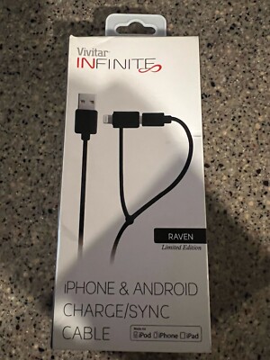 Vivitar Infinite Raven Charge/Sync Cord for iPhone & Android, Black, New in Box