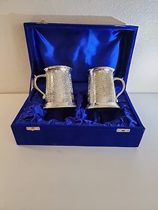 Pair Of Silver Colored Steins In Blue Velvet Box