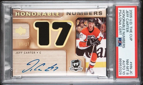 2005-06 Jeff Carter The Cup Honorable Numbers Patch Rookie /17 PSA 8 Auto 10