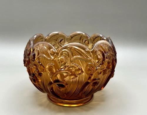 Vintage Fenton Amber Glass Cameo Topaz Opalescent "Lily of the Valley" Rose Bowl