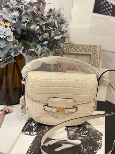 MICHAEL MICHAEL KORS Reed Croc-Embossed Leather Saddle Crossbody LT Cream $498