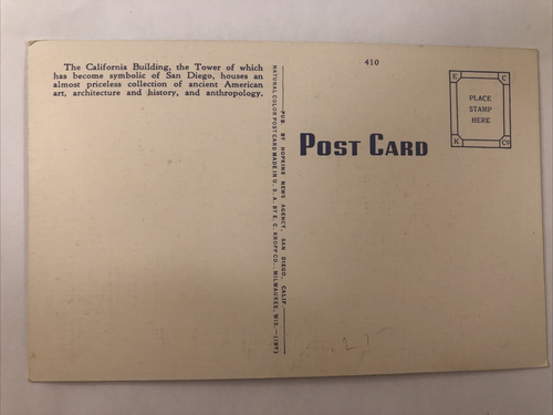 Postal de lino vintage de California Tower, Balboa Park, San Diego, California - Imagen 5 de 7