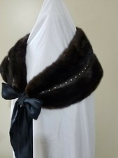 Woman Mahogany Mink Fur Wedding Warm Wrap Tie Cape Bridal Party Coat Crystal