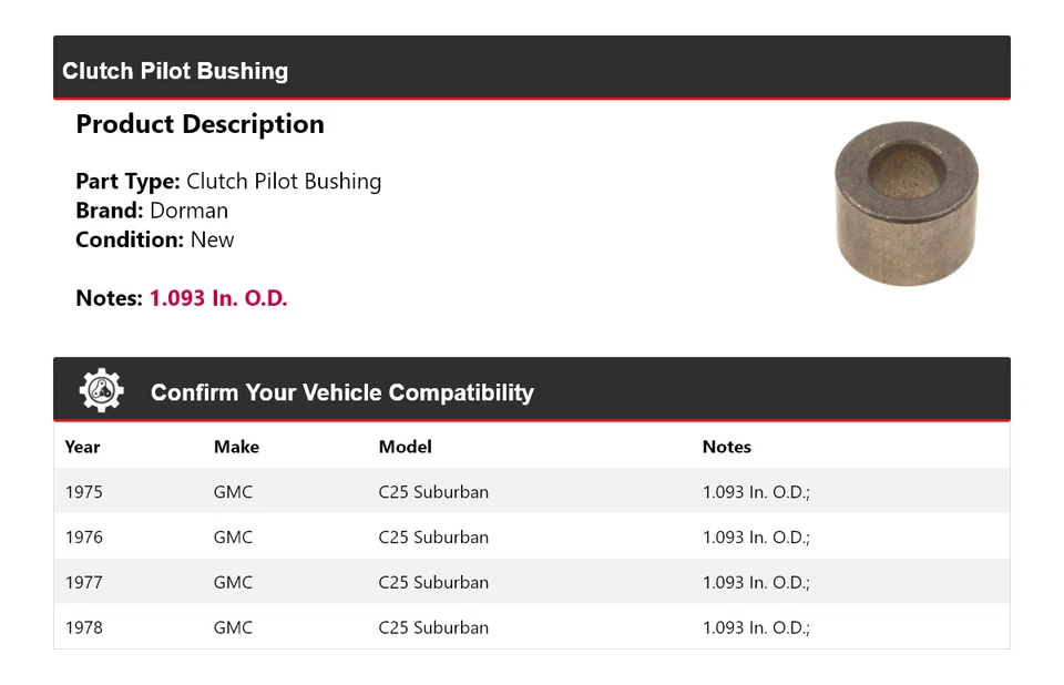 Buje piloto embrague para GMC C25 Suburban Dorman 1975-1978 1976 1977 Foto 2 de 4
