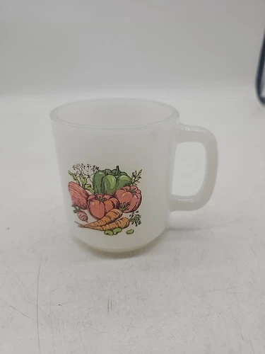 Vintage Glasbake Milk Glass Coffee Mug Vegetable Garden Harvest 