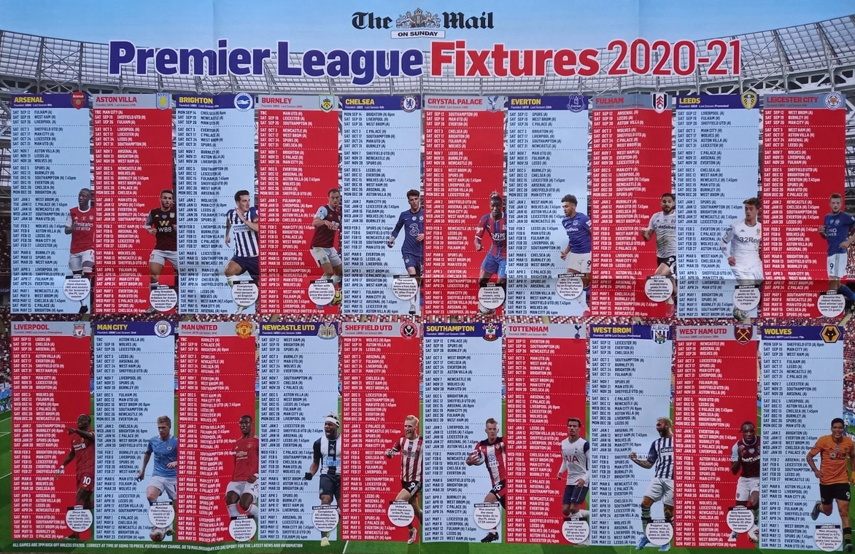 2020 21 PREMIER LEAGUE FOOTBALL FIXTURES DAILY MAIL GIANT PULL OUT POSTER N MINT