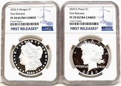 2 coin set 2024 morgan peace proof silver dollars ngc pf 70 uc first releases fr