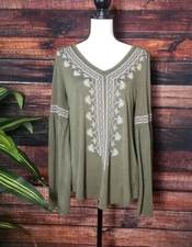 Roper Peasant Top Size Small Embroidered Shirt Blouse Olive Green Flared Sleeves