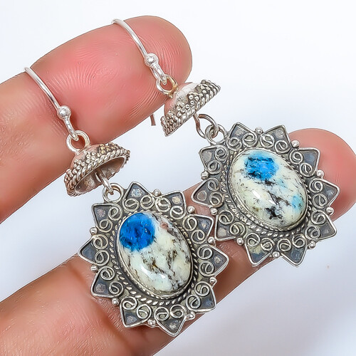 K2 Blue - Azurite In Quartz Gemstone 925 Sterling Silver Bali Earring 1.76" A347