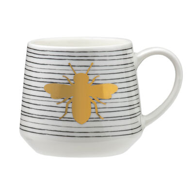 Teetasse Kaffeebecher Kaffeetasse 460 ml Porzellan weiß Streifen golden Biene