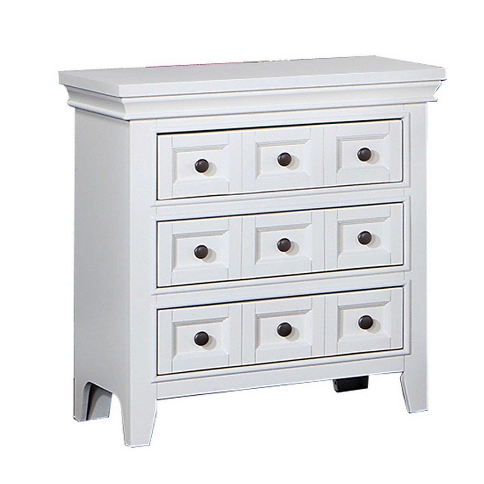 Benjara Cile 26 Inch Wood Nightstand with 3 Drawers and Round Nickel Handles