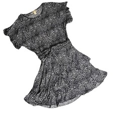 Michael Kors Large Black/Wht Leopard Print Dress Ruffle Hem Cap Sleeves Belted