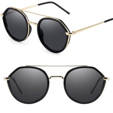Women's Black Gray Polarized Round Double Bridge Retro Classic Chic Sunglasses