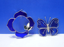 Pair Vintage Blue Stained Glass Butterfly Suncatchers