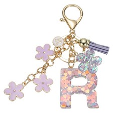 Alphabet R Tassel Cherry Blossom Initial Letter Keychain Purple, Pack of 1 
