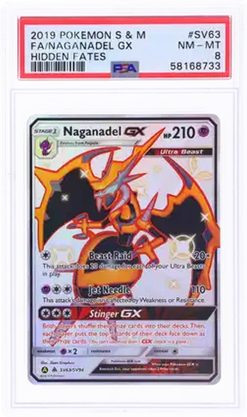 2019 POKEMON SUN & MOON HIDDEN FATES #SV63 FULL ART/NAGANADEL GX PSA 9