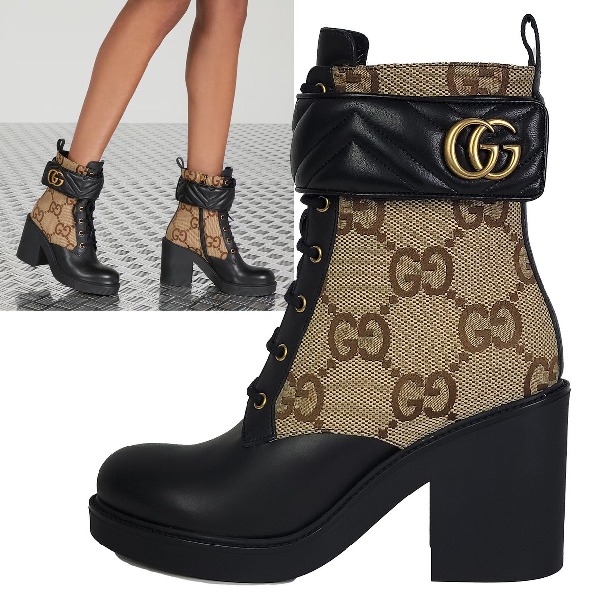 GUCCI BOOTS TRIP GG CANVAS AND LEATHER COMBAT ANKLE BOOTIES $1,450 sz 41 11