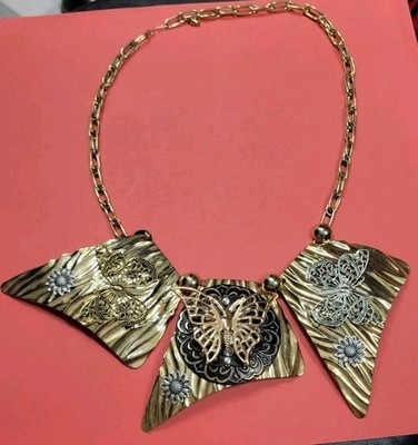 Artisan Crafted Gold Tone Butterfly Sunflower Bib Necklace Unique Rare Vintage