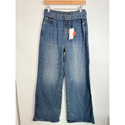 NWT Cider Womens Jeans Size S High Waist Wide Leg Belted Denim Pants Y2K Baggy