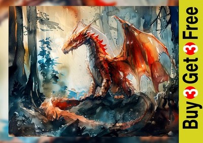 Mystical Forest Dragon, Watercolor Painting Print 5''x7'' on Matte Paper