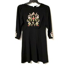 LOFT Petites Womens Dress Black Embroidered Floral Fit Flare 4P