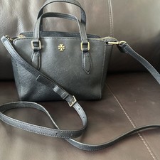 Tory Burch Black Saffiano Leather East West Mini Crossbody Bag Brass