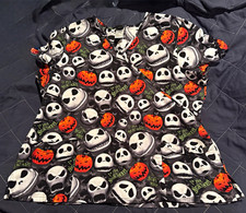 Disney 2XL Black Orange Nightmare Before Christmas Print Cotton Scrub Top Women
