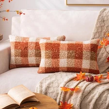 Orange Plaid Fall Throw Pillow Covers 12x20 20" x 12" (Pack of 2), 