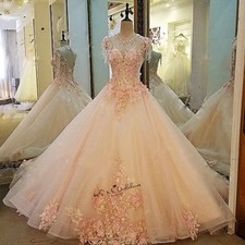 Vintage Wedding Dress Appliques Pearls Flowers Pink Bride Dresses Bridal Gowns