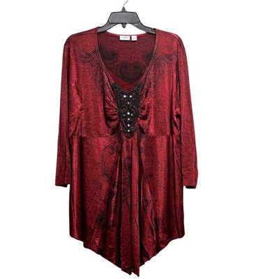 Cato Woman Red Space Dye Scroll Print Rhinestone Lace Tunic Top 18/20W Plus B1