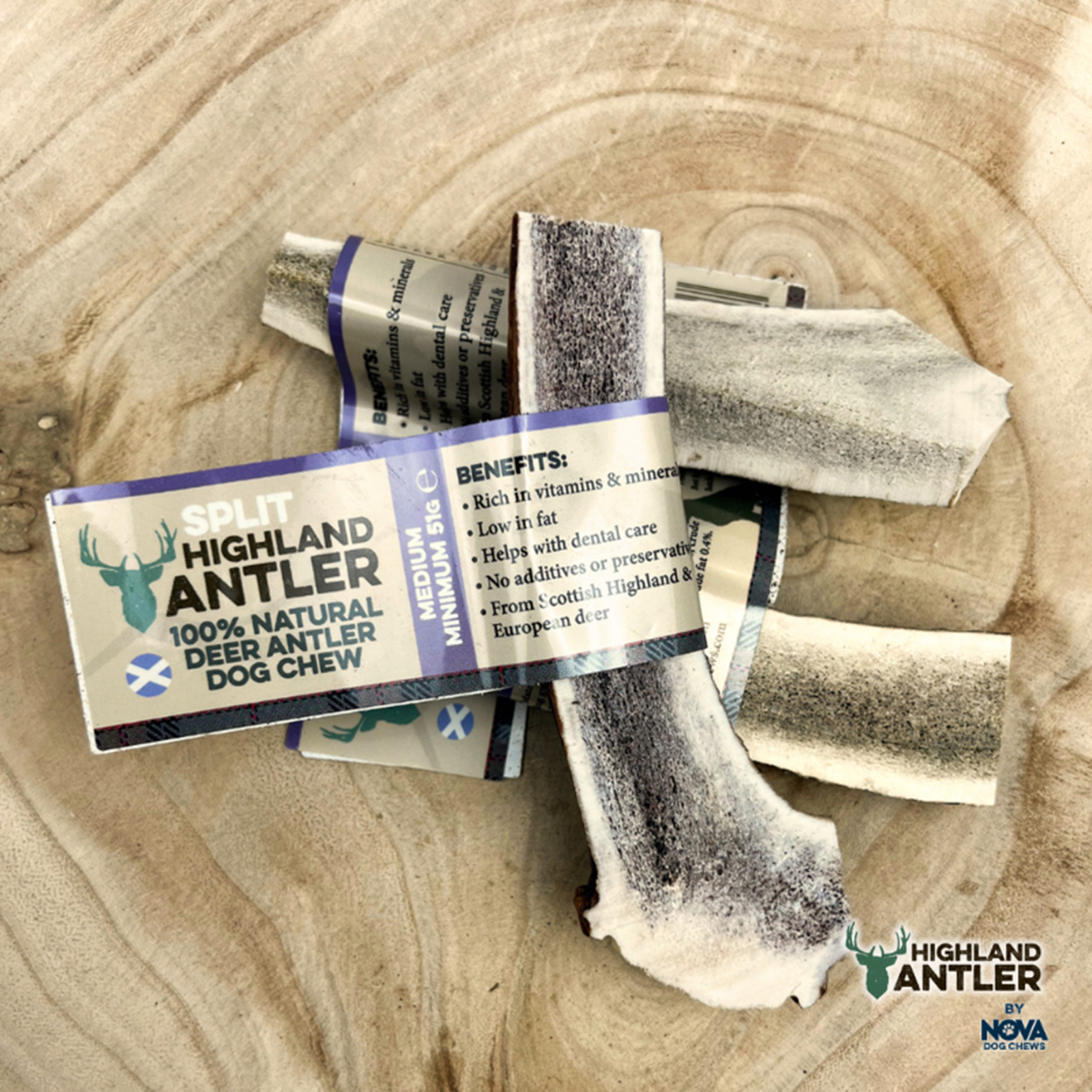 SPLIT DEER ANTLER Sml, Med, Lrg or XL : Highland Antlers Natural Adult Dog Chews