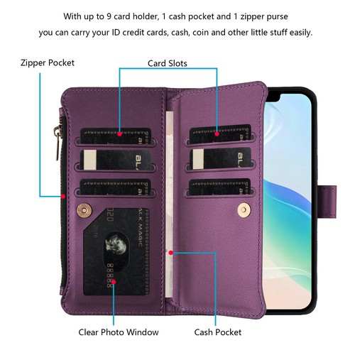 For iPhone 16 16Pro 16Max 15 Pro Max 16 E Leather Wallet 9 Cards Flip back Cover - 第 3/13 張圖片