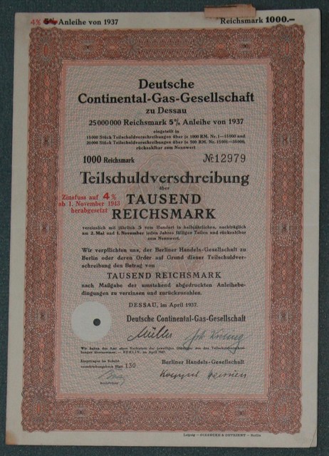 Deutsche Continental-Gas-Gesellschaft zu Dessau 5 % Anleihe 1937 1000 RM WR9893 Deutsche Continental-Gas-Gesellschaft zu Dessau 5 % Anleihe 1937 1000 RM WR9893