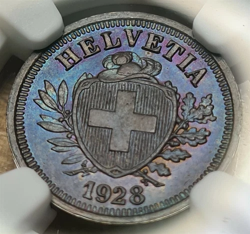 SWITZERLAND 1 Rappen 1928 B NGC MS 66 BN UNC Blue & Purple toning SCARCE TOP POP