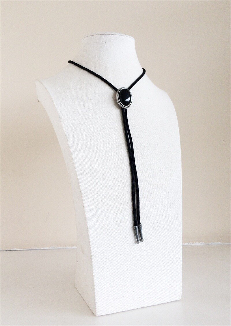 Bolo Tie (Cravate Western) - Plaque En Argent Avec Pierre D'Obsidienne Noire - Attache à Clip - Neuf Avec Étiquettes