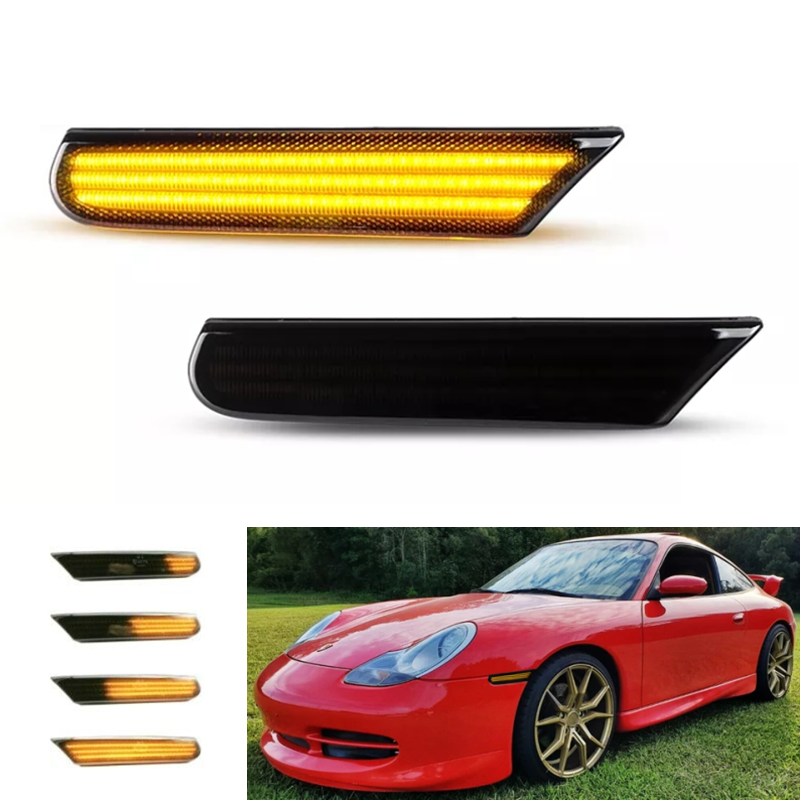 FetonAuto Dynamic Amber Led Side Marker Lights For 1996-2004 Por -sche 996 911 986 Boxster Carrera Turbo Targa GT2 GT3, Smoked Lens Fender Turn Signal