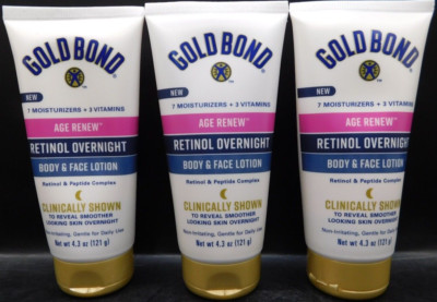 Lot Of 3 Gold Bond Age Renew Retinol Overnight Body & Face Lotion 4.3oz Ea New
