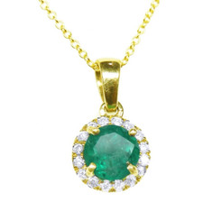 Round Green Emerald  Diamond Halo Pendant Necklace 14K Yellow Gold