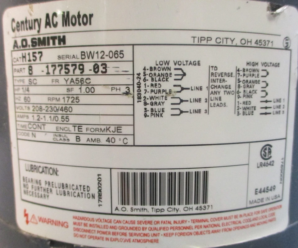 Century H157 AC Motor 8-177579-03 208-230/460V 1/4HP 1725RPM 5/8" Shaft Dia NOS - Image 4 of 4