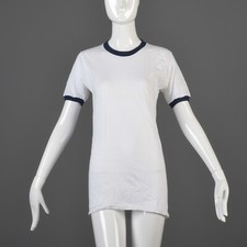 S Vintage 1970s 70s White Cotton T Shirt Navy Cuff Hippie Boho Tee Deadstock