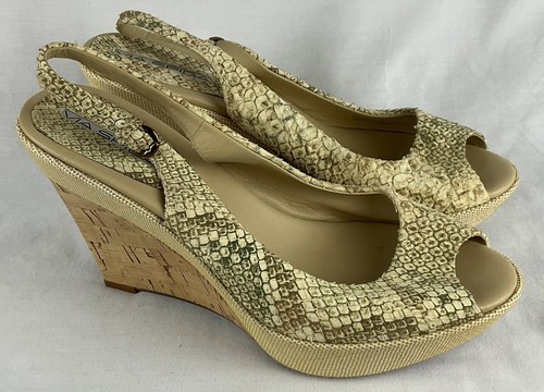 Via Spiga Slingback Cork Wedge Heels Sandals Peep Toe Snakeskin Pattern W 8.5M