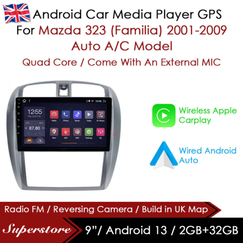 Unidad de cabeza GPS automática 9"" Android 13 CarPlay estéreo para automóvil para Mazda 323 (Familia) automático - Imagen 1 de 1