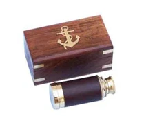 Nautical Solid Brass - Leather Scout's Spyglass Telescope 7" with Rosewood Box