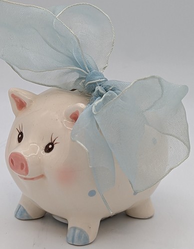 Kleiner 1999 Mud Pie Baby Sparschwein blau Tupfen & Schleife ~ Keramik mit Stopfen