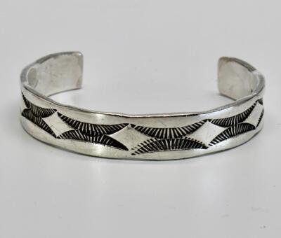 STAMPED NAVAJO STERLING SILVER CUFF BRACELET SIGNED NORA TAHE BILL
