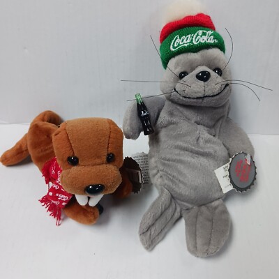 Vintage 1997 Coca-Cola Gray Seal In Ski Cap #0114 and Walrus #0124 Mini Bean Bag